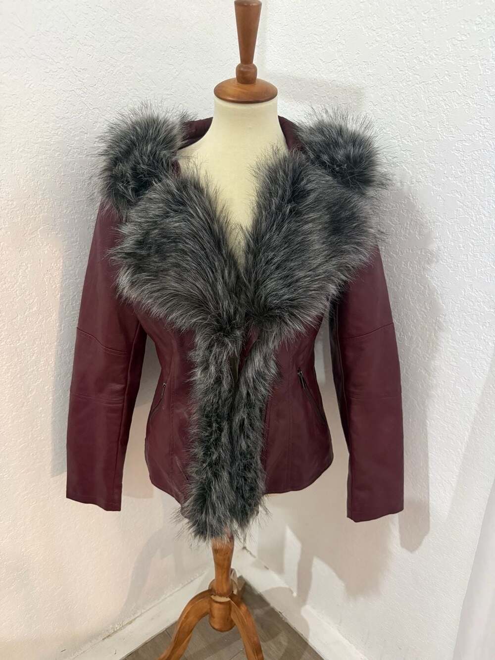 LA Coalition Women's Burgundy Faux Leather Jacket with Faux Fur Hood Size L